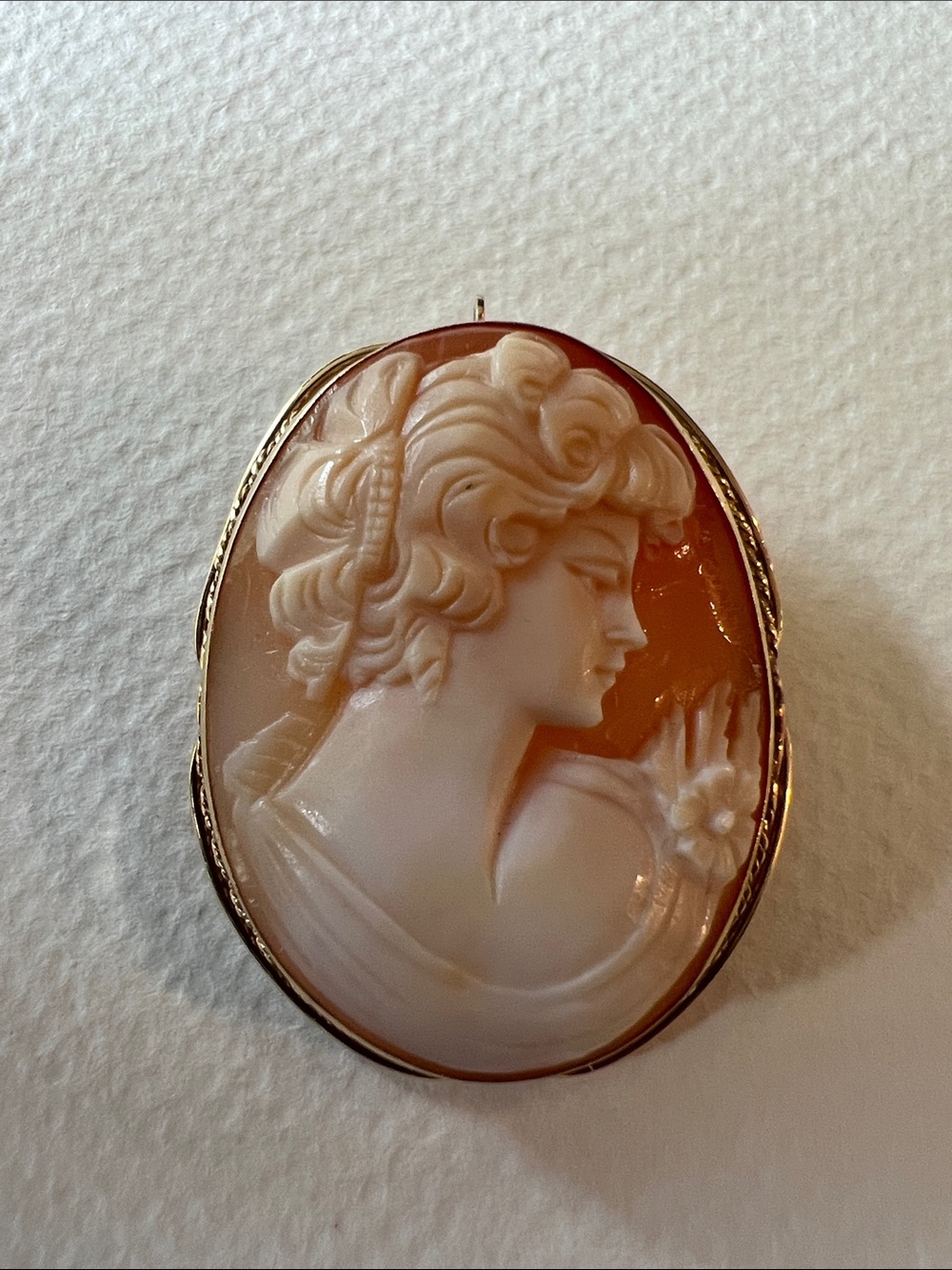 14k Gold Italian Carved Shell Cameo Pendant/Brooch in Peach and Cream
